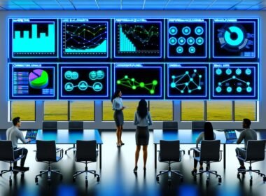 Data-Operations-Raum mit mehreren Bildschirmen, Marketingexperten analysieren Live-Daten, Charts und Workflow-Diagramme in modernem Ambiente.