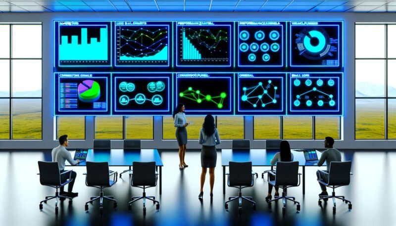 Data-Operations-Raum mit mehreren Bildschirmen, Marketingexperten analysieren Live-Daten, Charts und Workflow-Diagramme in modernem Ambiente.