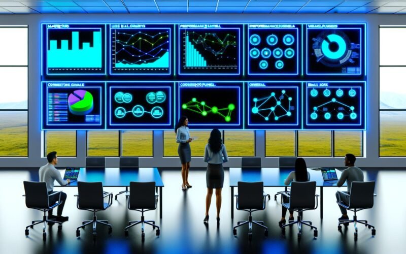 Data-Operations-Raum mit mehreren Bildschirmen, Marketingexperten analysieren Live-Daten, Charts und Workflow-Diagramme in modernem Ambiente.
