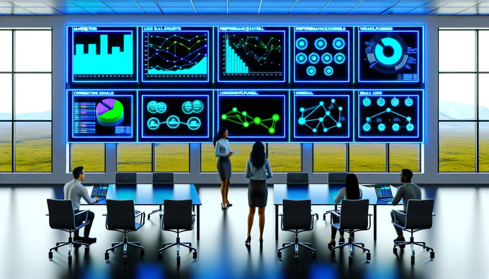 Data-Operations-Raum mit mehreren Bildschirmen, Marketingexperten analysieren Live-Daten, Charts und Workflow-Diagramme in modernem Ambiente.