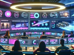 Marketingteam analysiert an gebogenen Monitoren Reels-Daten und Echtzeit-Kommentare in einem futuristischen, energiegeladenen Social-Media-Kontrollraum mit Neonlicht.