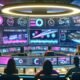Marketingteam analysiert an gebogenen Monitoren Reels-Daten und Echtzeit-Kommentare in einem futuristischen, energiegeladenen Social-Media-Kontrollraum mit Neonlicht.