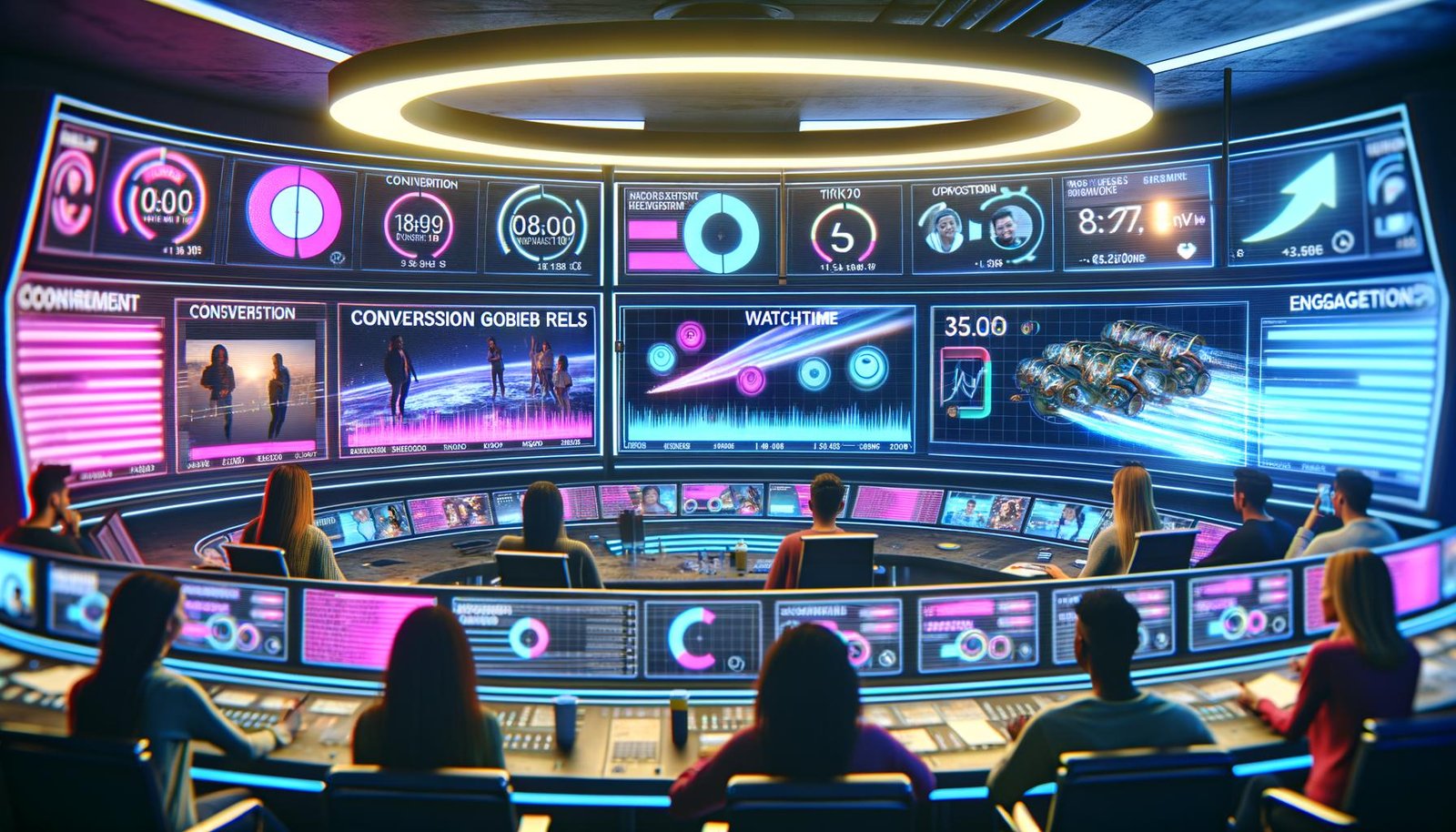 Marketingteam analysiert an gebogenen Monitoren Reels-Daten und Echtzeit-Kommentare in einem futuristischen, energiegeladenen Social-Media-Kontrollraum mit Neonlicht.