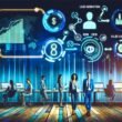 Modernes Team in aufgeräumtem Büro arbeitet an Revenue-Automation-Interface mit verknüpften digitalen Tools, KI-Avataren und steigendem Umsatz-Graph; High-Tech-Stil in Blau und Türkis.