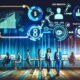 Modernes Team in aufgeräumtem Büro arbeitet an Revenue-Automation-Interface mit verknüpften digitalen Tools, KI-Avataren und steigendem Umsatz-Graph; High-Tech-Stil in Blau und Türkis.