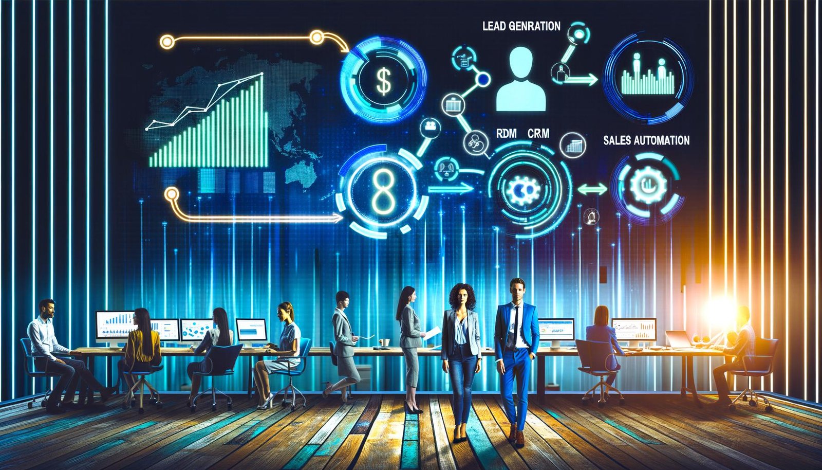 Modernes Team in aufgeräumtem Büro arbeitet an Revenue-Automation-Interface mit verknüpften digitalen Tools, KI-Avataren und steigendem Umsatz-Graph; High-Tech-Stil in Blau und Türkis.