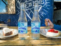 Zwei blaue und weiße Glasflaschen stehen auf einem braunen Holztisch in natürlichem Licht nebeneinander.