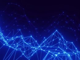 Abstrakte technische Illustration mit weißen Linien und Punkten auf blauem Hintergrund als Symbol für Vernetzung