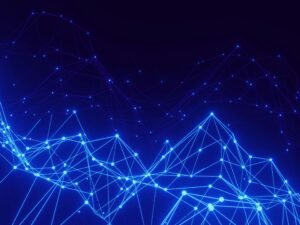 Blauer Hintergrund mit feinen Linien und Punkten, die ein abstraktes Netzwerk symbolisieren