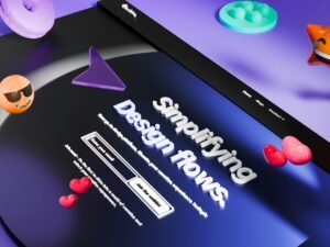 3D-abstrakte Formen und farbenfrohe Emojis vor lila Hintergrund, modernes Design für Technik- und Webartikel