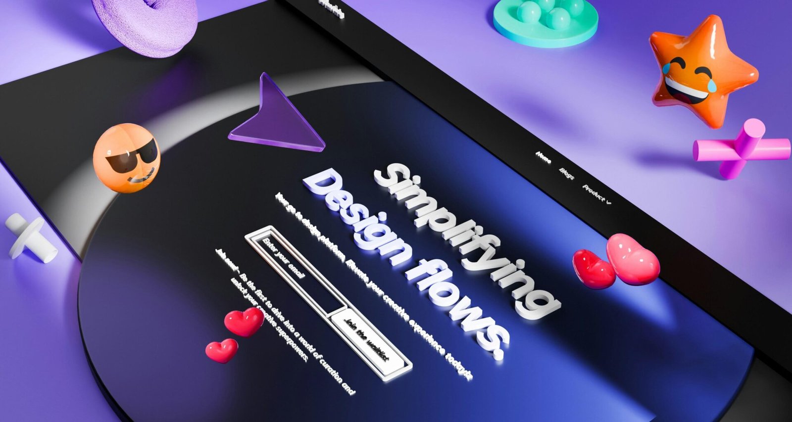 Abstrakte 3D-Formen und farbige Emojis vor violettem, einfarbigem Hintergrund, ideal für digitale Inhalte