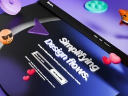 Abstrakte 3D-Formen und farbige Emojis vor violettem, einfarbigem Hintergrund, ideal für digitale Inhalte