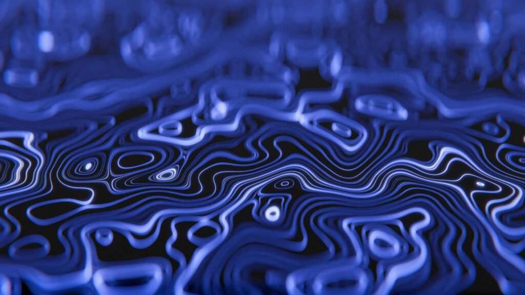 Abstrakte blaue, geschwungene Linien auf dunklem Hintergrund, moderne Darstellung für Technologie und Webdesign