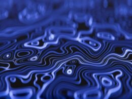 Abstrakte blaue, geschwungene Linien auf dunklem Hintergrund, moderne Darstellung für Technologie und Webdesign