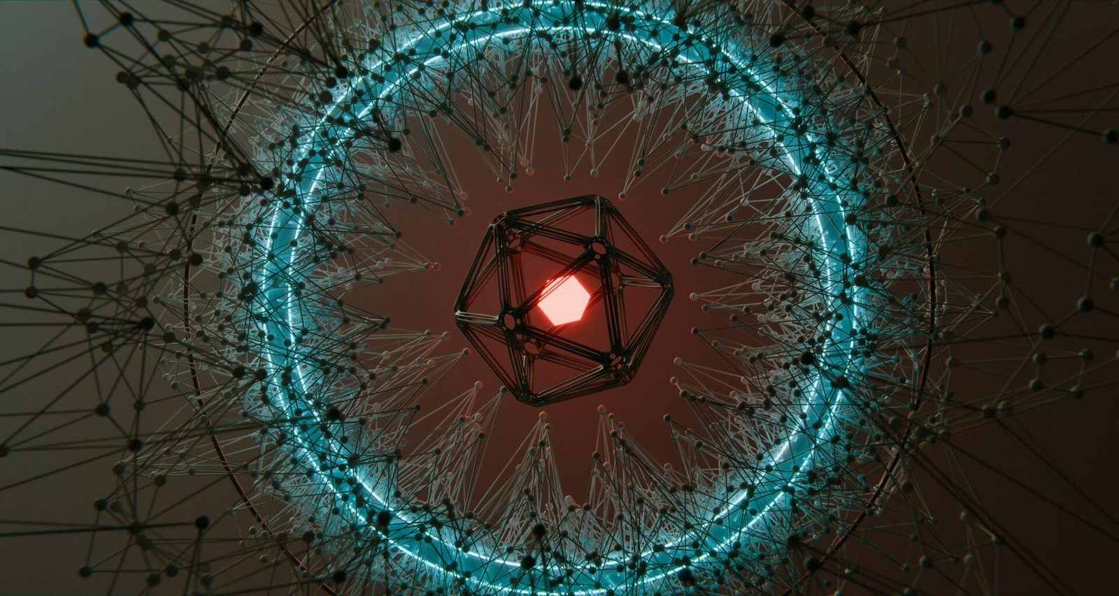 Abstrakte geometrische Form mit leuchtend rotem Zentrum und blauem Ring als visuelles Designelement