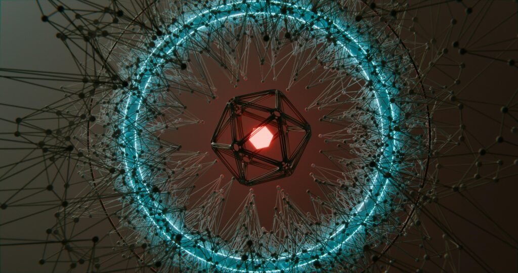 Abstrakte geometrische Form mit einem leuchtend roten Zentrum, umgeben von einem blauen Ring auf dunklem Hintergrund
