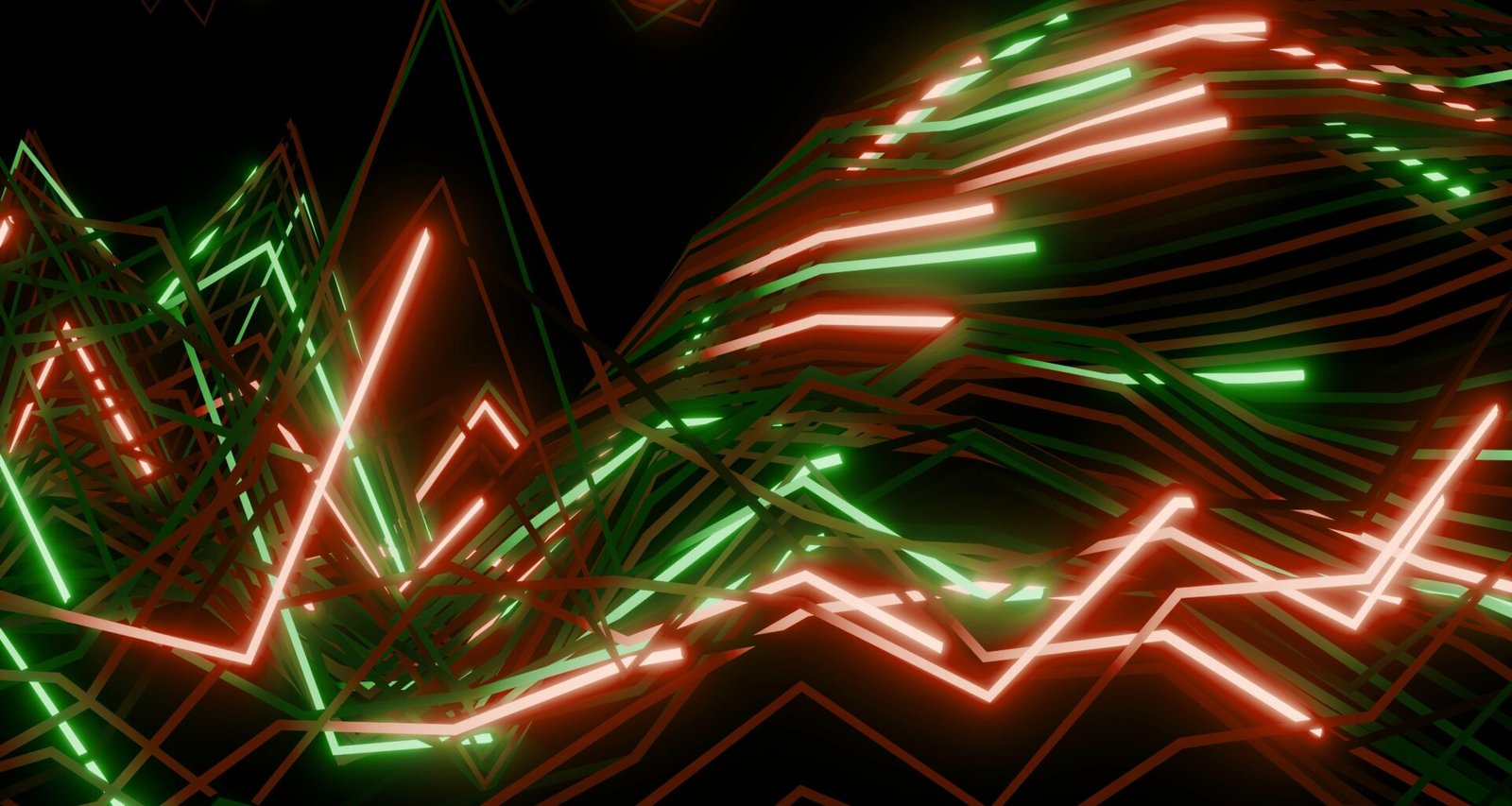 Abstrakte Darstellung von leuchtenden Linien, die eine komplexe Datenvisualisierung auf dunklem Hintergrund formen