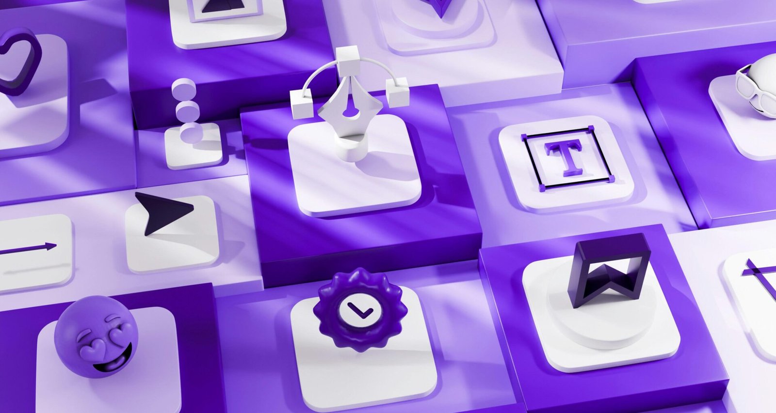 Abstrakte lila und weiße 3D-Icons, die regelmäßig in einem Raster angeordnet sind und modernes Webdesign illustrieren.