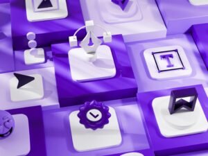 Abstrakte lila und weiße 3D-Icons, die regelmäßig in einem Raster angeordnet sind und modernes Webdesign illustrieren.