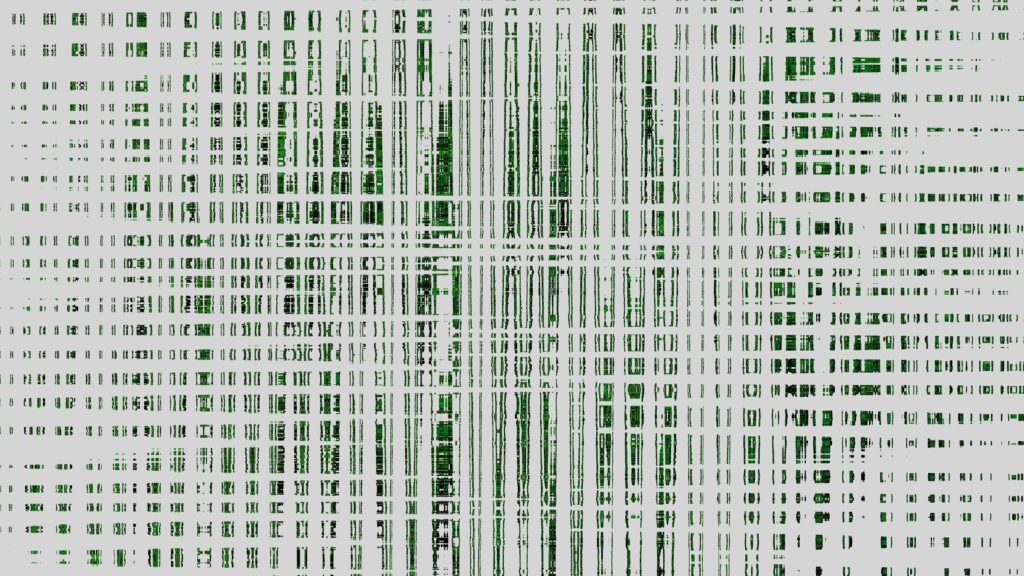 Abstrakte Darstellung von weißen und grünen Linien, die sich auf dynamische Weise überlappen und ein modernes Muster bilden