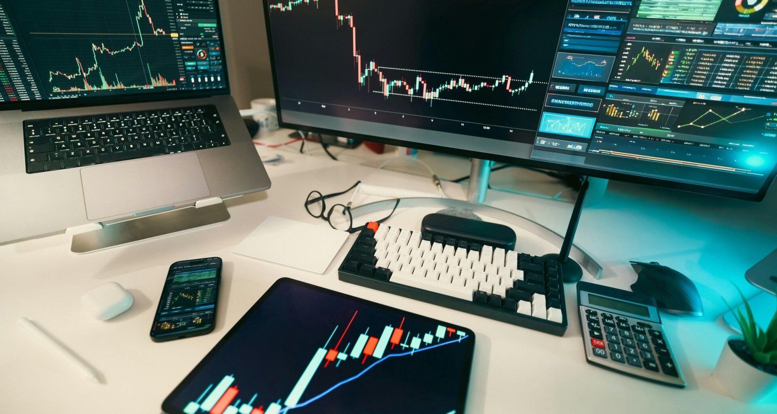 Mehrere Computerbildschirme mit verschiedenen Aktienkurs-Diagrammen und Börsencharts für die Marktanalyse