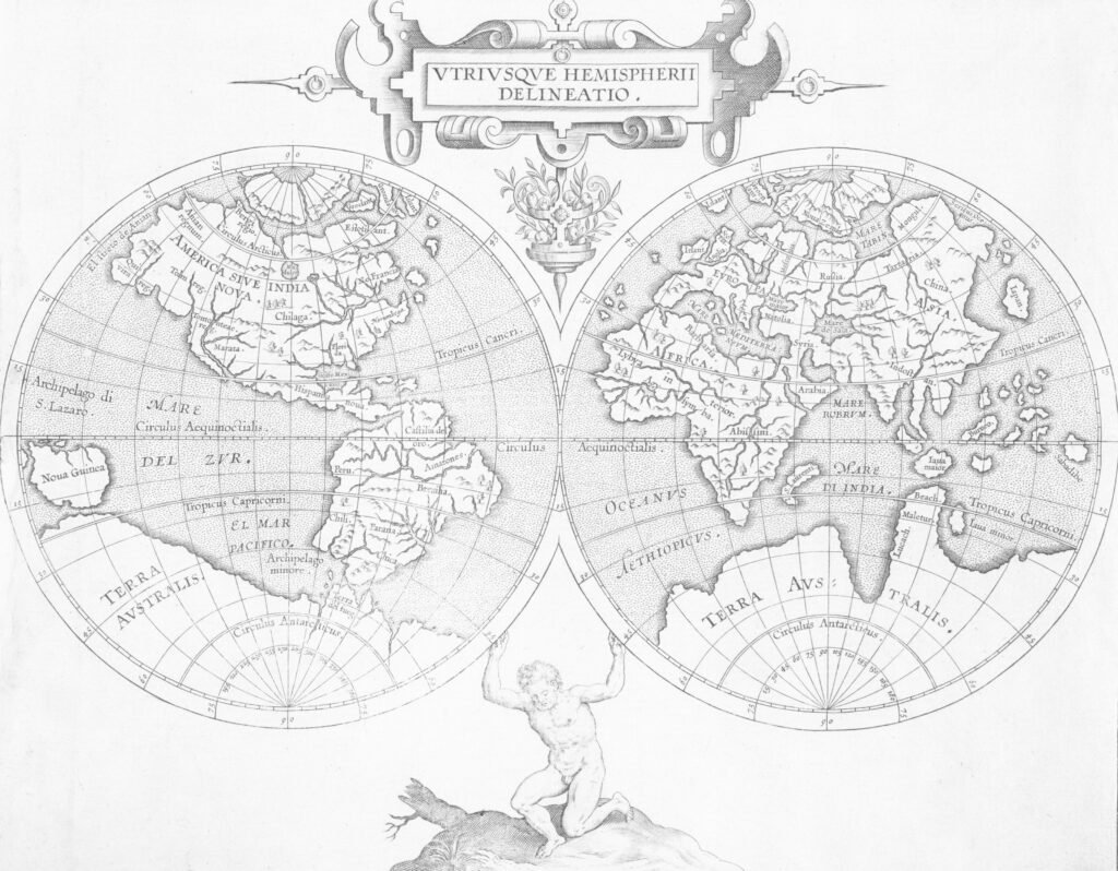 Antike Weltkarte mit den Umrissen der Kontinente und Ozeane, historische Darstellung in sanften Farben