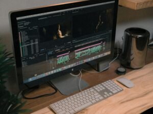 Apple iMac mit Magic Mouse und Apple Tastatur auf einem Holztisch, ideale Kombination für effizientes Arbeiten am Computer.