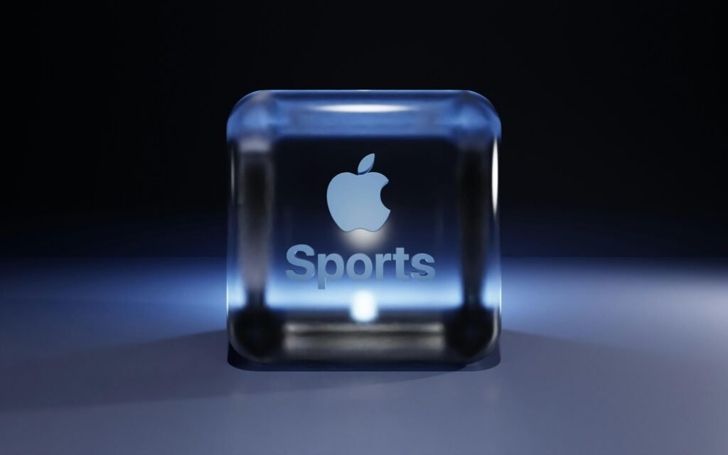 Apple Sportlogo auf einem hell leuchtenden Würfel, fotografiert vor dunklem Hintergrund