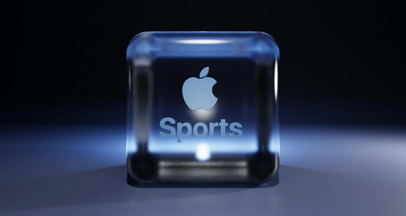 Apple Sportlogo auf einem hell leuchtenden Würfel, fotografiert vor dunklem Hintergrund
