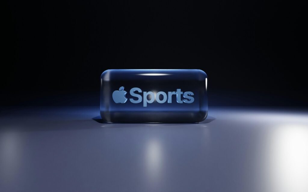 Apple Sportlogo auf einer spiegelnden, reflektierenden Fläche, symbolisiert modernes Technologie-Design