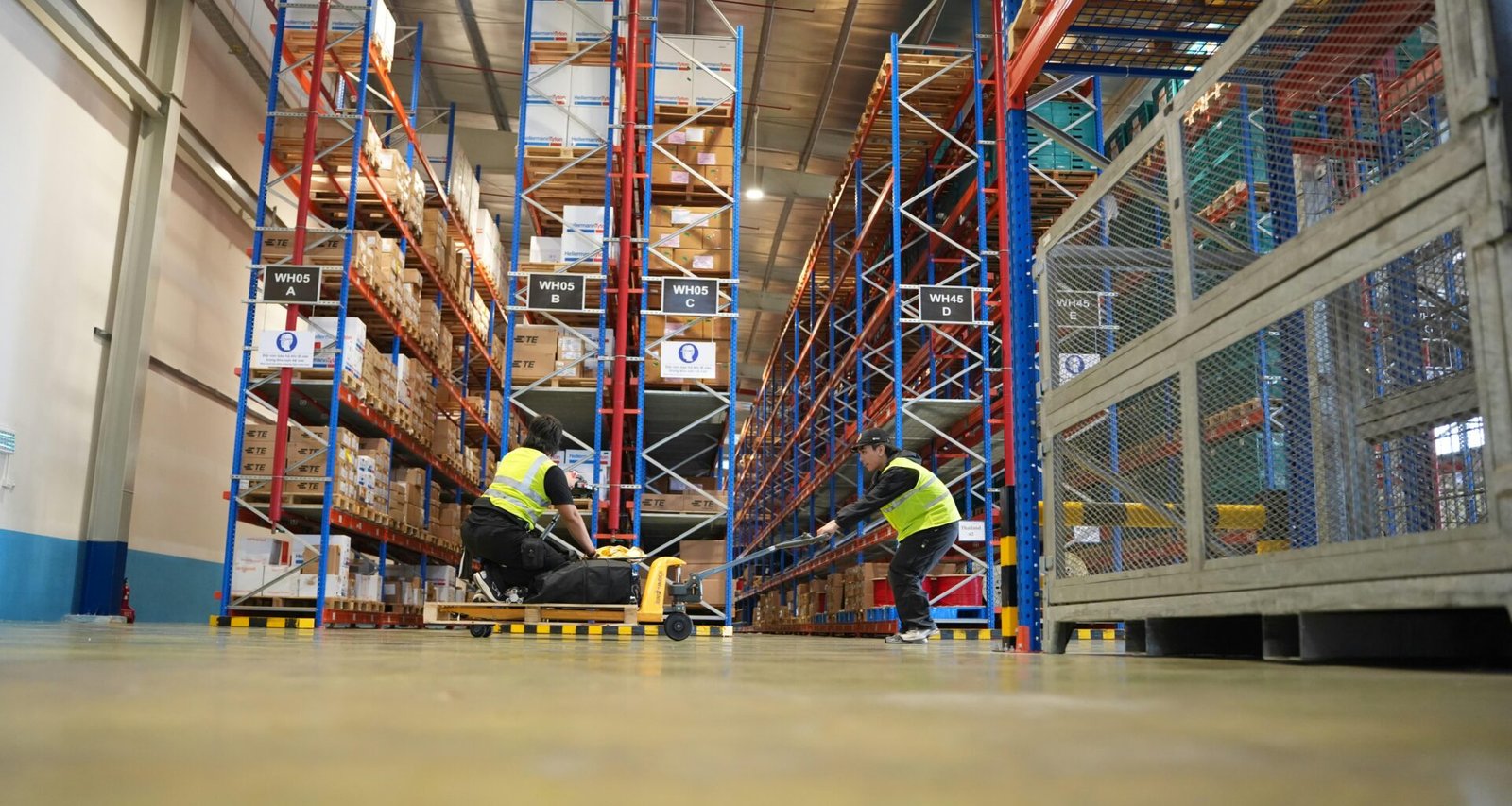 Mehrere Arbeiter ordnen Produkte in einem gut beleuchteten und geräumigen Lagerregal systematisch ein.