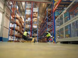 Mehrere Arbeiter ordnen Produkte in einem gut beleuchteten und geräumigen Lagerregal systematisch ein.