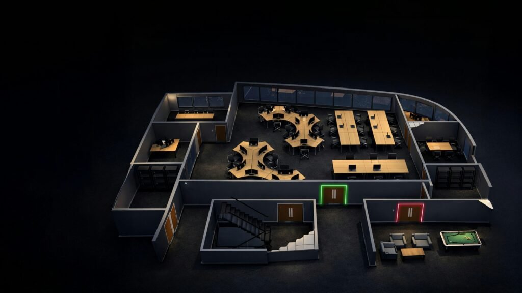 Architektonische Blaupause eines modernen Bürogebäudes mit Fokus auf offene und funktionale Arbeitsbereiche