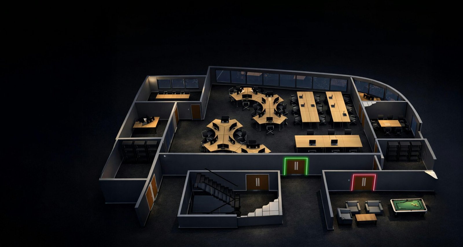 Architektonische Blaupause eines modernen Bürogebäudes mit Fokus auf offene und funktionale Arbeitsbereiche