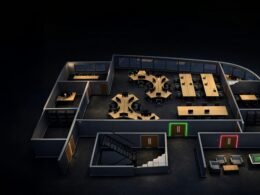 Architektonische Blaupause eines modernen Bürogebäudes mit Fokus auf offene und funktionale Arbeitsbereiche