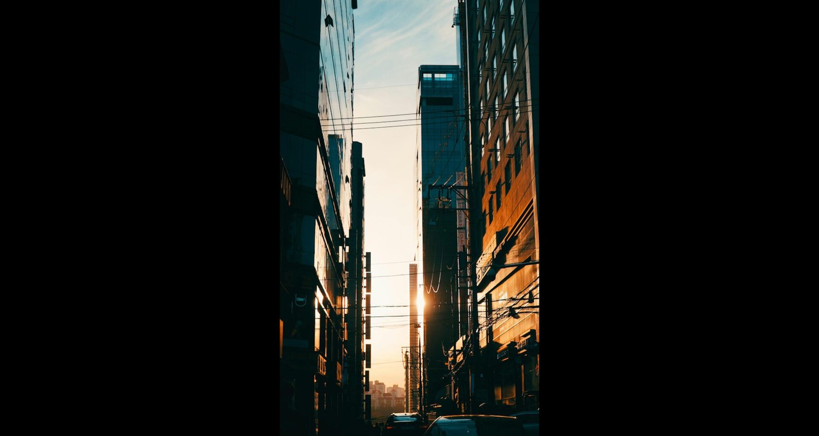 Mehrere Autos parken nachts am Straßenrand zwischen hohen Gebäuden in einer modernen Metropole