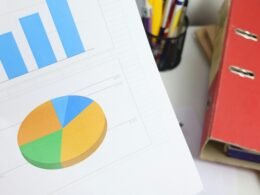 Ein Dokument mit Balken- und Kreisdiagrammen veranschaulicht Datenanalysen für Berichte oder Präsentationen