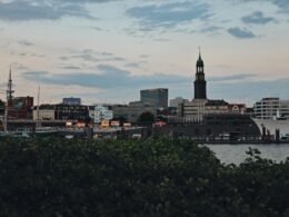 Blick über das Wasser auf eine Stadt mit Skyline und Ufer, fotografiert aus der Ferne bei Tageslicht