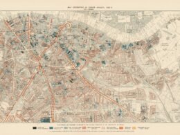 Braun-weiße, detaillierte Stadtkarte mit deutlich sichtbaren Straßen und Bauwerken, perspektivisch von oben betrachtet
