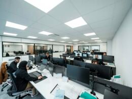 Mehrere Büroangestellte arbeiten konzentriert an ihren Computern in einem modernen Großraumbüro