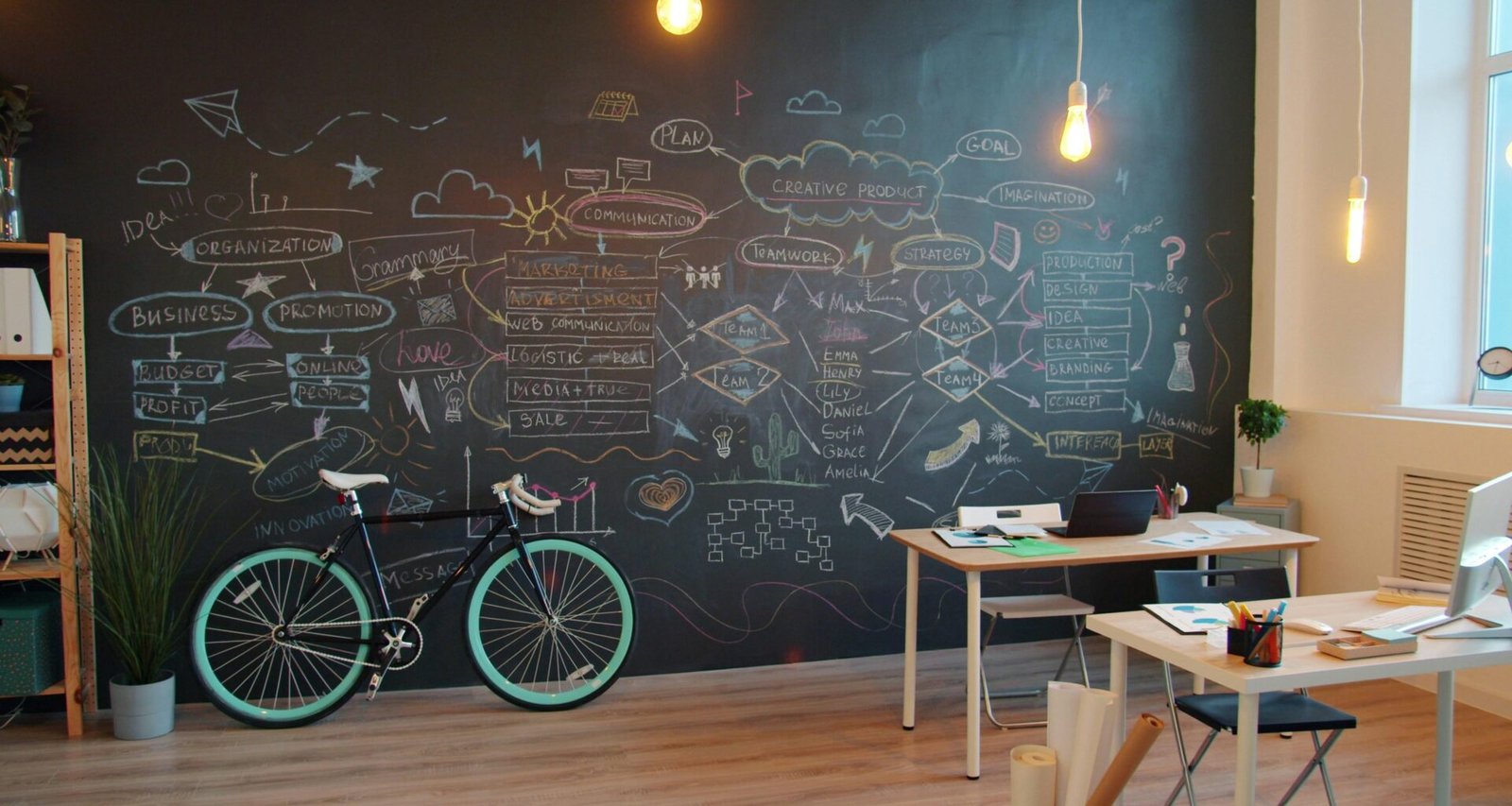 Bürofläche mit großer Kreidetafel, künstlerischer Wandgestaltung und einem Fahrrad neben dem Arbeitsplatz