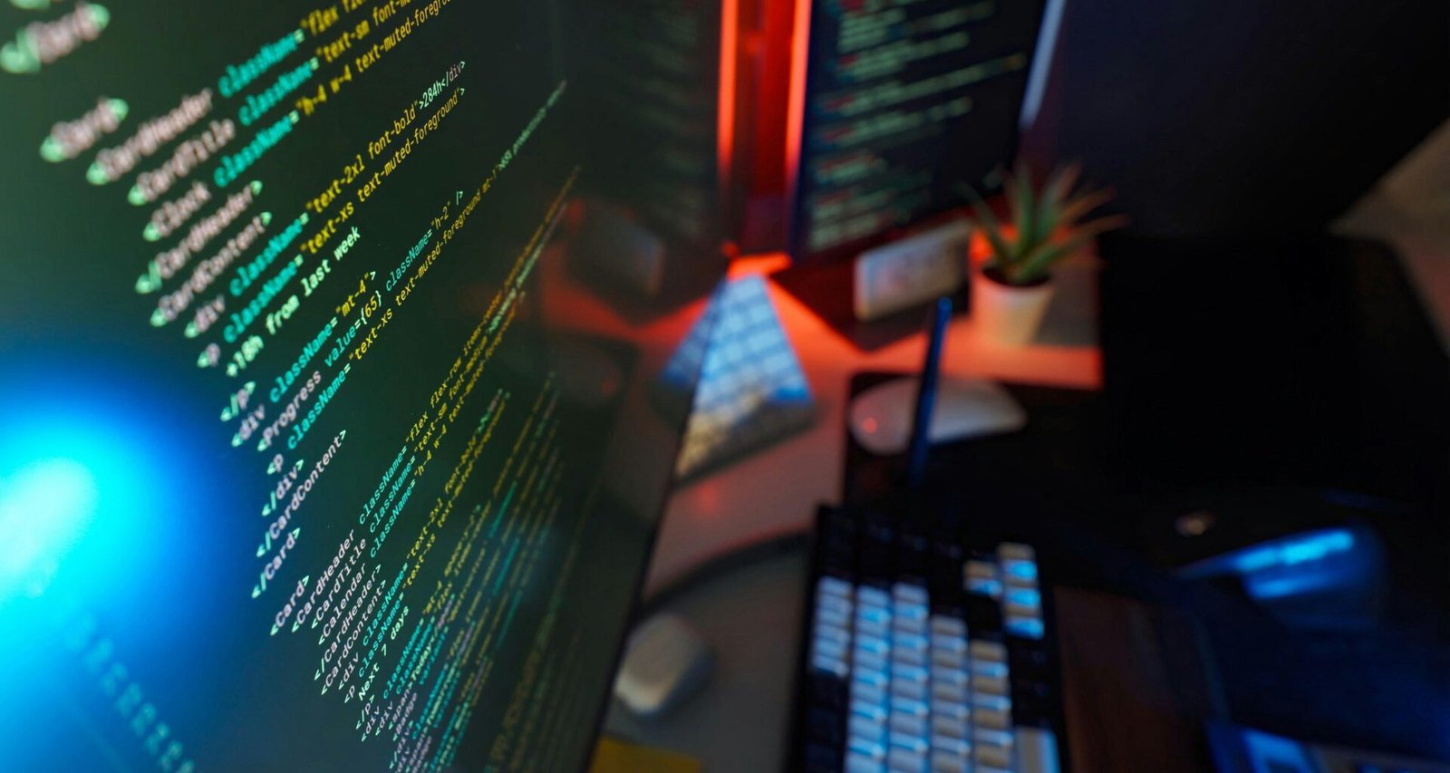 Programmierer arbeitet an einem Schreibtisch mit zwei Monitoren, auf denen Code angezeigt wird