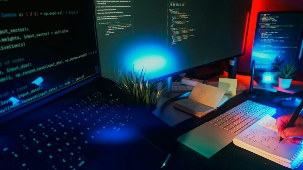 Mehrere Computerbildschirme mit farbig leuchtendem Code in dunkler, moderner Umgebung, fotografiert von Jakub Żerdzicki