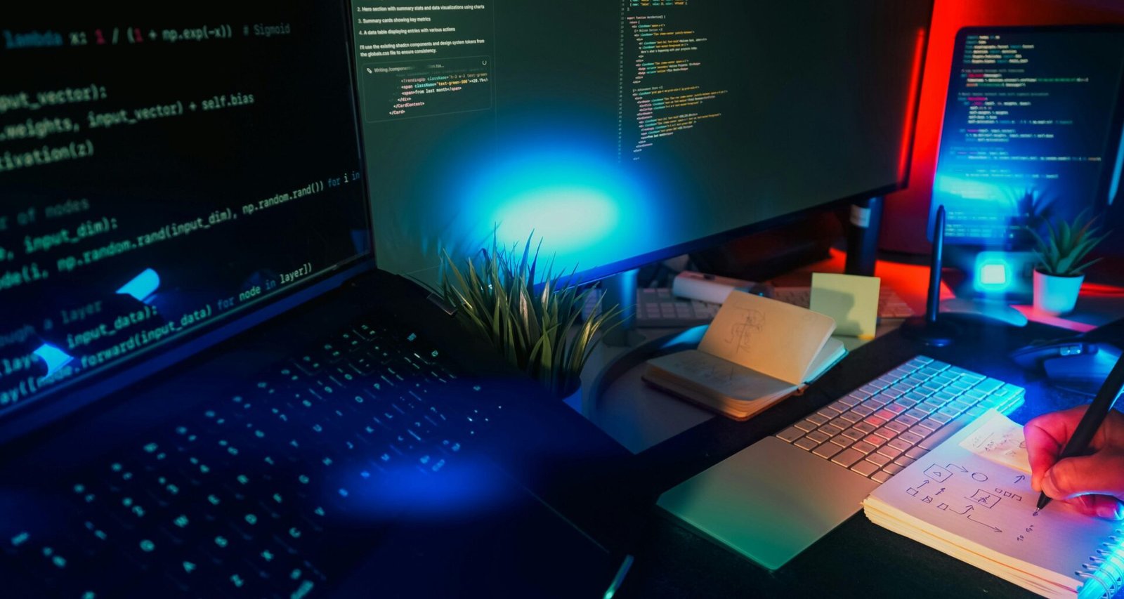 Mehrere Computerbildschirme mit farbig leuchtendem Code in dunkler, moderner Umgebung, fotografiert von Jakub Żerdzicki