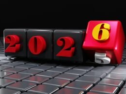 Digitale Anzeige mit der Jahreszahl 2026 auf einem elektronischen Zähler, modernes technisches Layout im Fokus