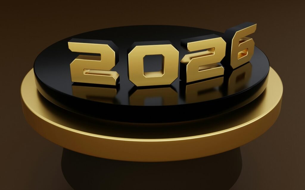 Goldene Zahlen 2026 stehen auf einem Podium vor neutralem Hintergrund, fotografiert von BoliviaInteligente.
