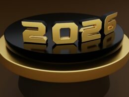 Goldene Zahlen 2026 stehen auf einem Podium vor neutralem Hintergrund, fotografiert von BoliviaInteligente.