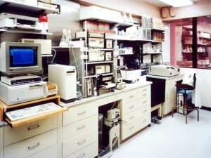 Desktop-Monitor und Computer-Tower in einem Büroraum, aufgenommen als Symbol für moderne Arbeitsumgebungen.