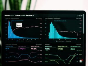 Laptop auf einem Schreibtisch mit angezeigten Diagrammen für Performance-Analysen im Bereich digitales Marketing