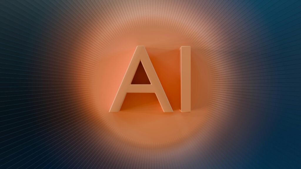 Orange leuchtende Buchstaben AI stehen vor dunklem Hintergrund und symbolisieren künstliche Intelligenz.